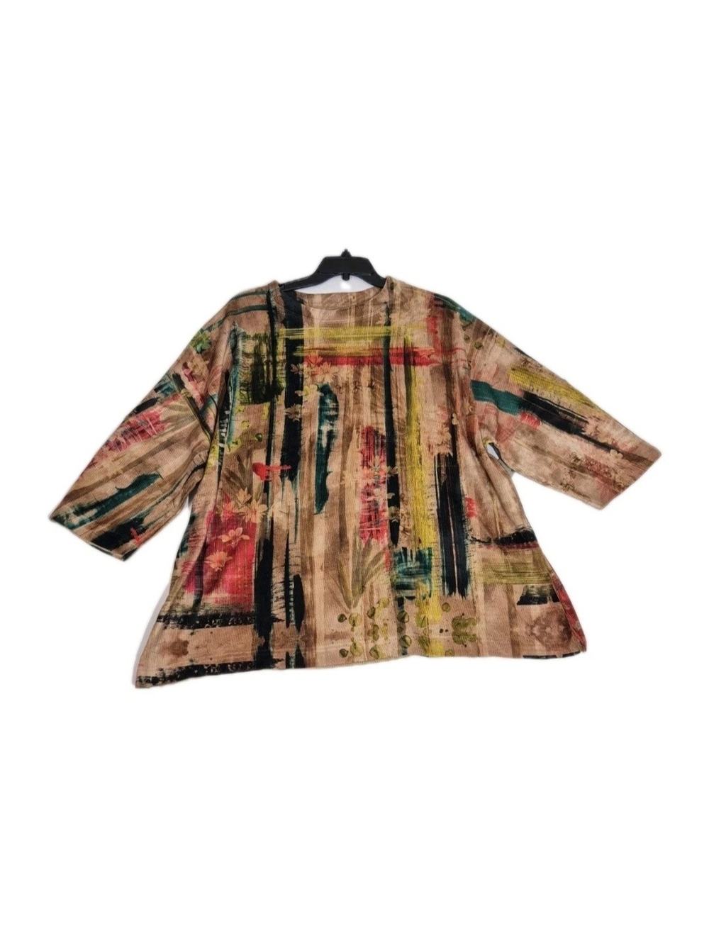 Ali Miles Top Blouse Women 2X Abstract Print Multi Knit Brown Round Neck NWT 46